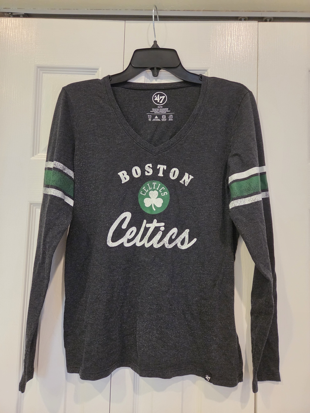 '47 Boston Celtics Long Sleeve V-Neck Tee - Charcoal with Green & White